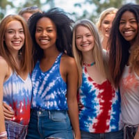 A group of diverse females smile for the camera in an assortment of one-of-a-kind red, white, and blue tie-dye tanks in a sunny outdoor venue.