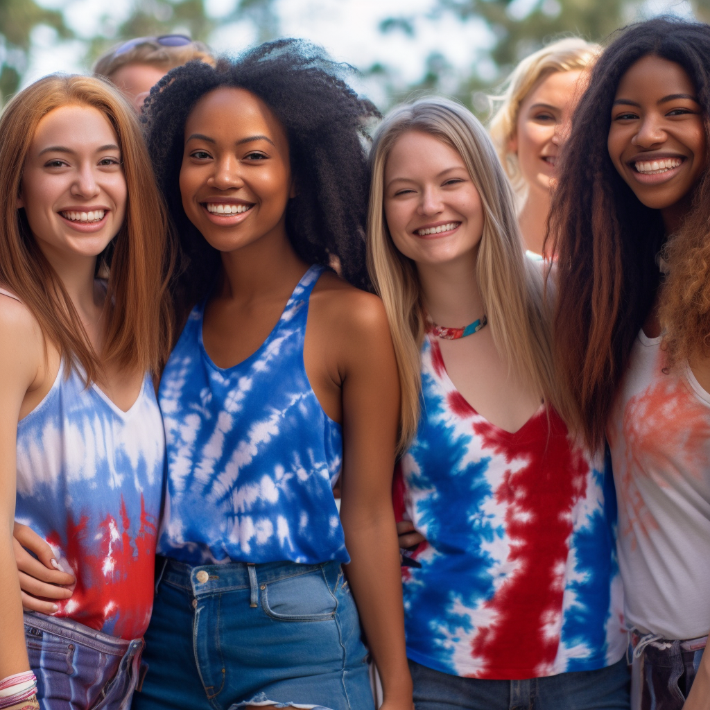 A group of diverse females smile for the camera in an assortment of one-of-a-kind red, white, and blue tie-dye tanks in a sunny outdoor venue.